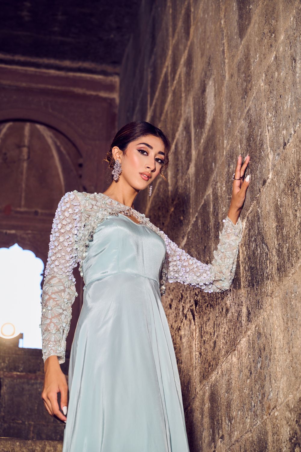 Swanlight Powder Blue Embellished Crepe Gown
