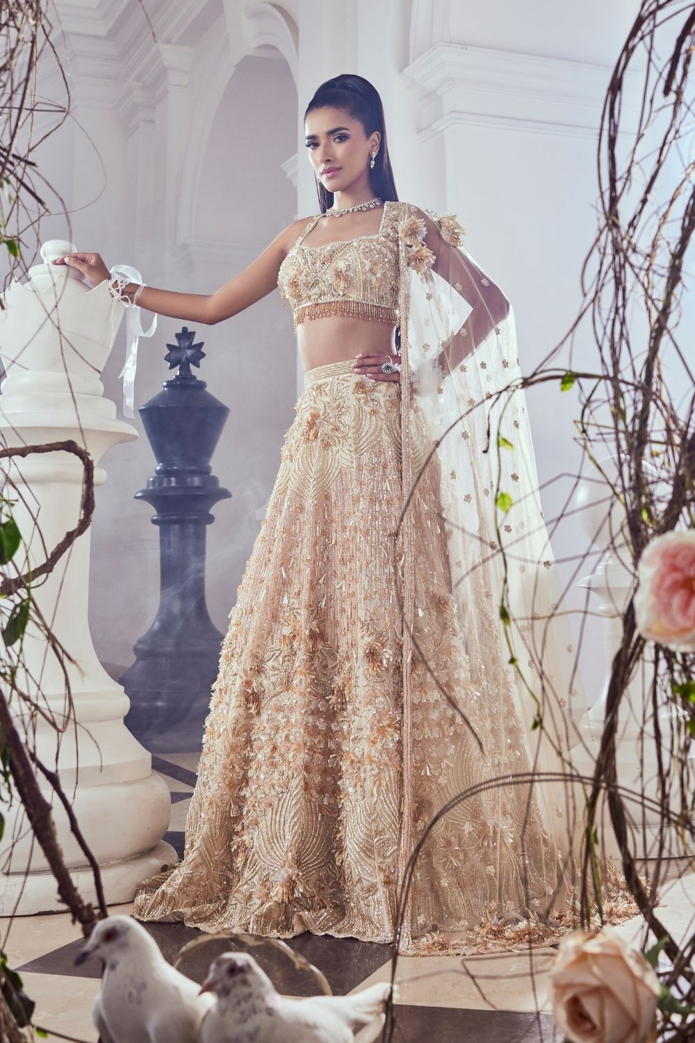 Guinevere Almond Colour 3D Embellished Satin Organza and Net Lehenga Set with Sweetheart Neckline