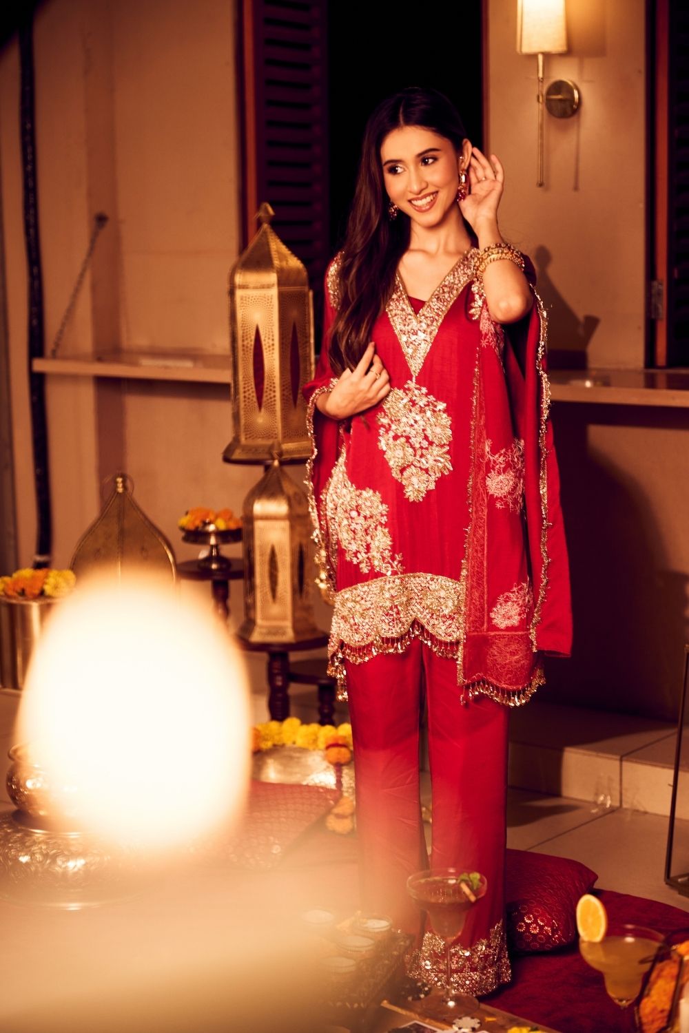 Seher Mahroon Satin Silk Lining Shantoon Gullistta Bloom Kaftan With Pants