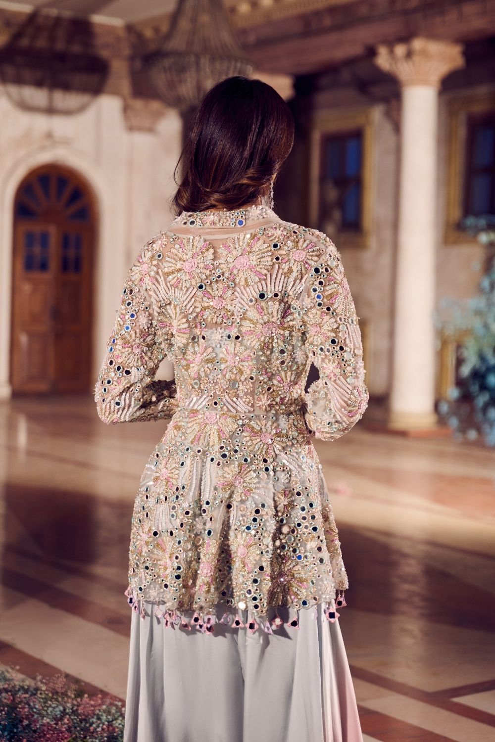 Kohinoor Powder Blue/Rose Gold Satin Organza Mirrorwork Peplum with Flared Pants and bustier