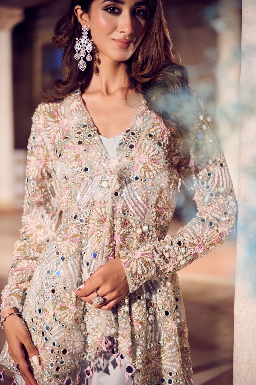 Kohinoor Powder Blue/Rose Gold Satin Organza Mirrorwork Peplum with Flared Pants and bustier