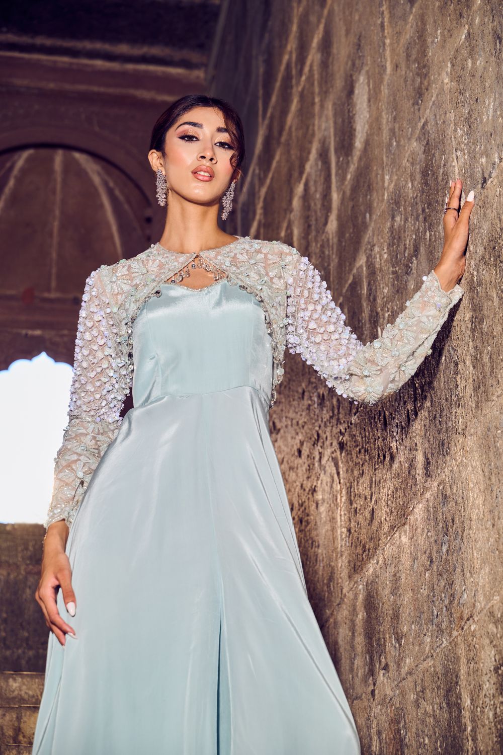 Swanlight Powder Blue Embellished Crepe Gown