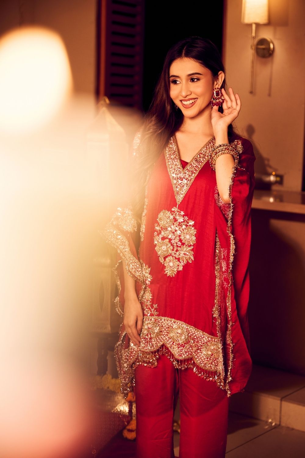 Seher Mahroon Satin Silk Lining Shantoon Gullistta Bloom Kaftan With Pants