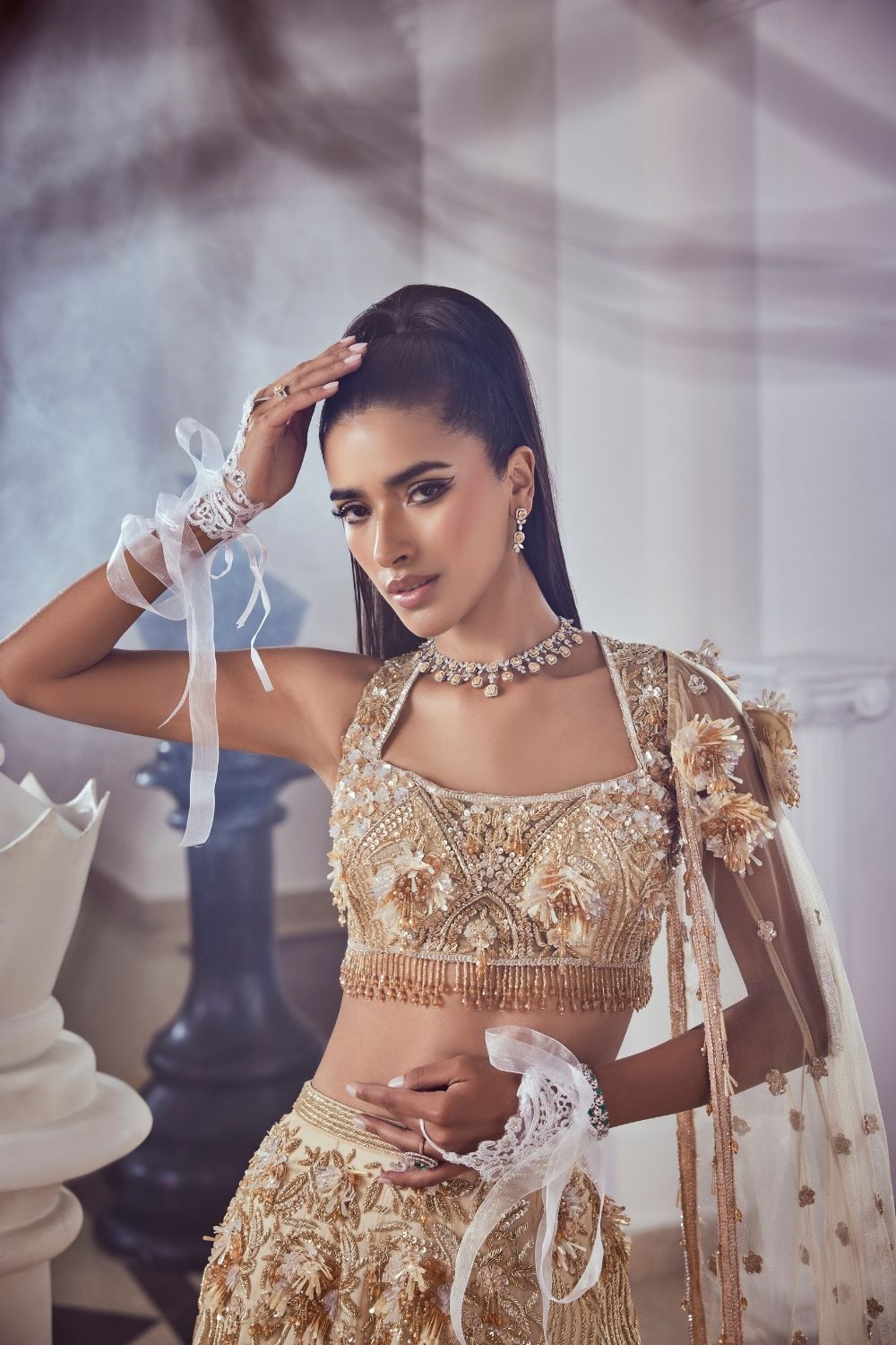 Guinevere Almond Colour 3D Embellished Satin Organza and Net Lehenga Set with Sweetheart Neckline