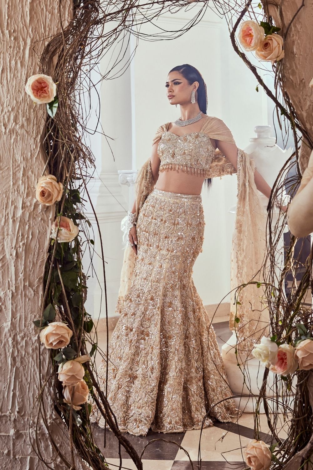 Dorothy Golden 3D Embellished Tissue Fish-cut Lehenga Set with Off-shoulder Blouse