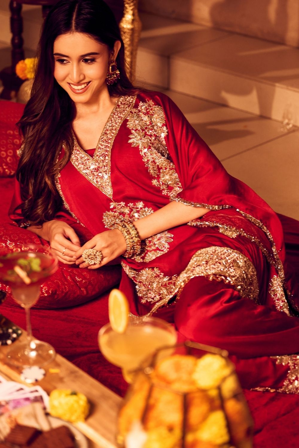 Seher Mahroon Satin Silk Lining Shantoon Gullistta Bloom Kaftan With Pants