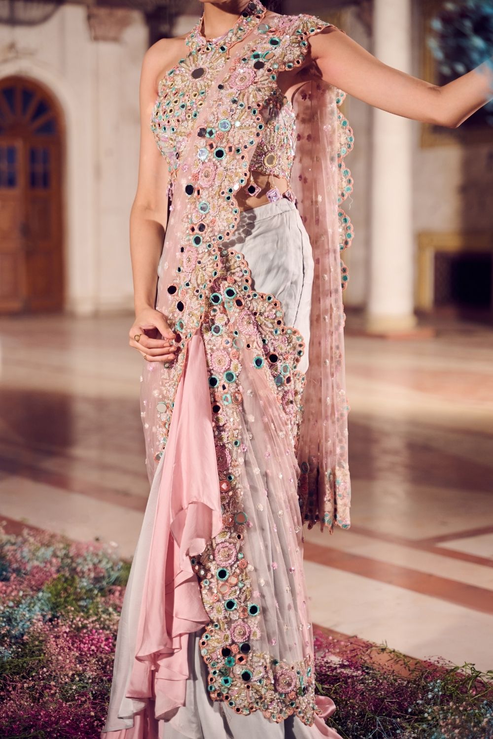 Madhur Rose Gold/Powder Blue Mirrorwork Pre-draped Saree