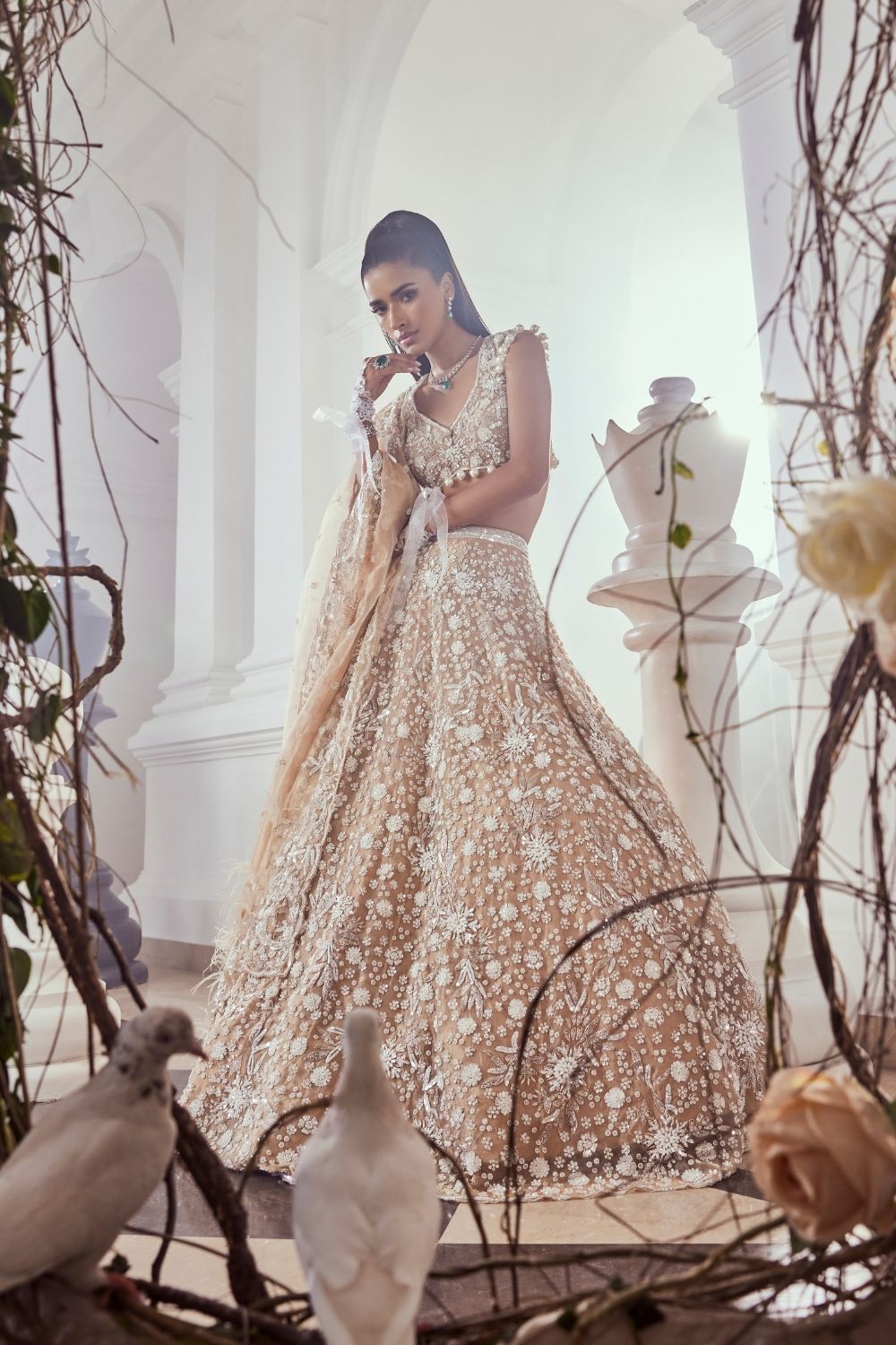 Cecily Golden Pearl Embellished Tissue Bridal Lehenga Set with Sweetheart Neckline