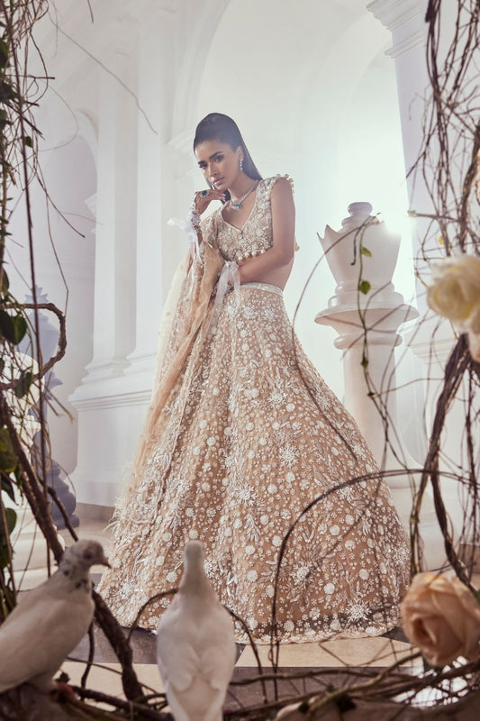 Cecily Golden Pearl Embellished Tissue Bridal Lehenga Set with Sweetheart Neckline