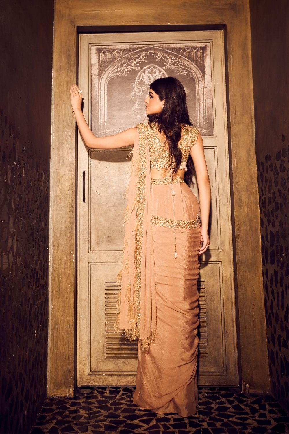 Azure Chinnon Saree Net blouse Pre Draped Saree with Blouse