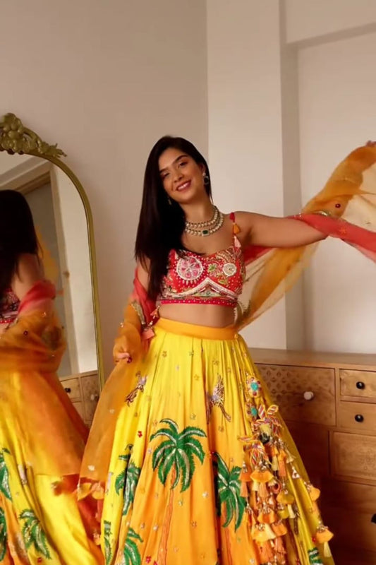 Harshita Roopchandani in Aditi Yellow Chanderi Embroidered Thread Nature Patchwork Lehenga Set