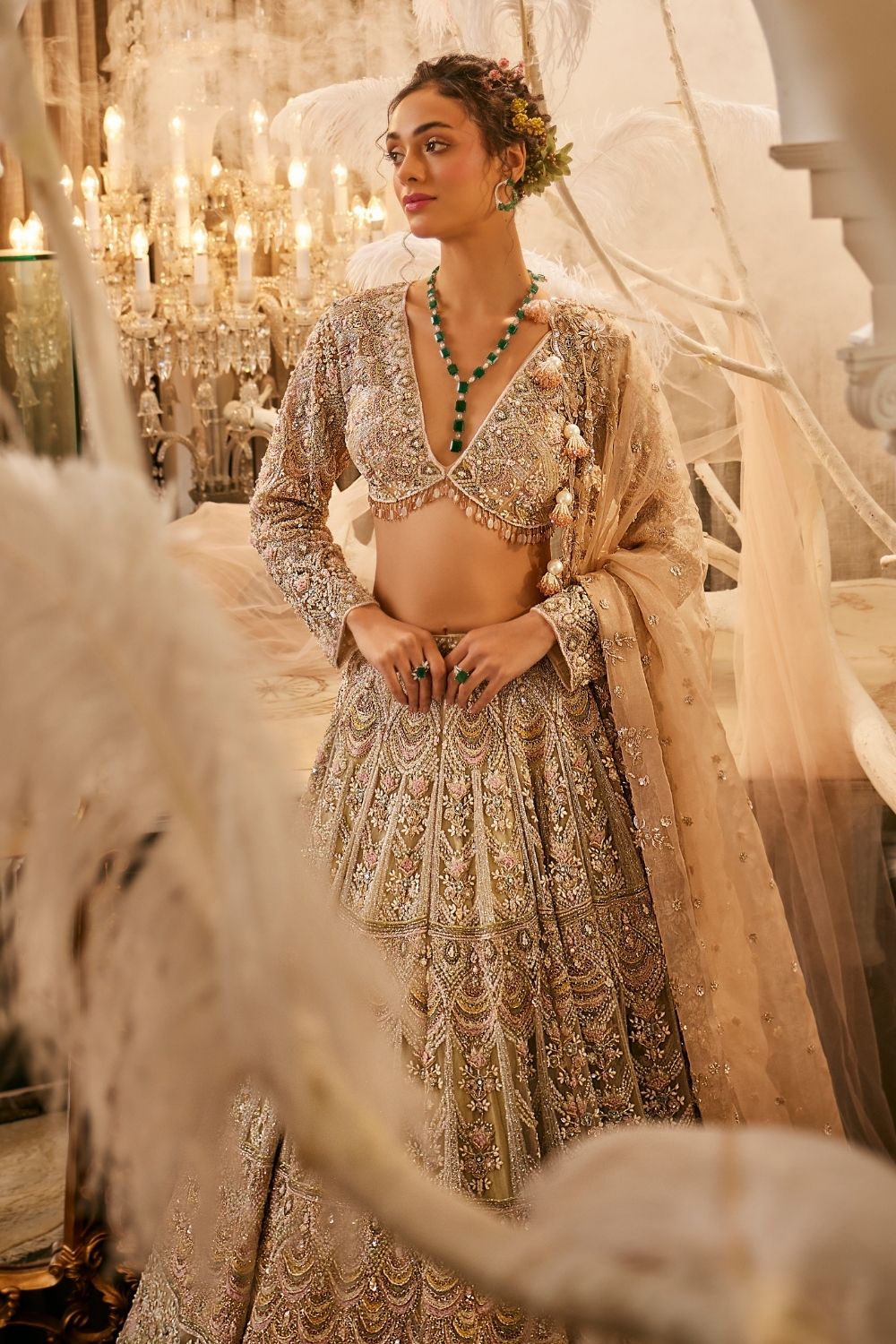 Eos Mint Embellished Net Lehenga and Blouse with Dupatta
