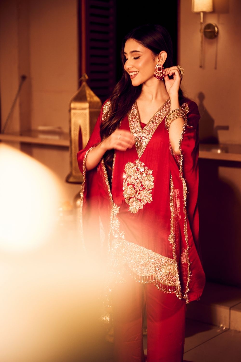 Seher Mahroon Satin Silk Lining Shantoon Gullistta Bloom Kaftan With Pants