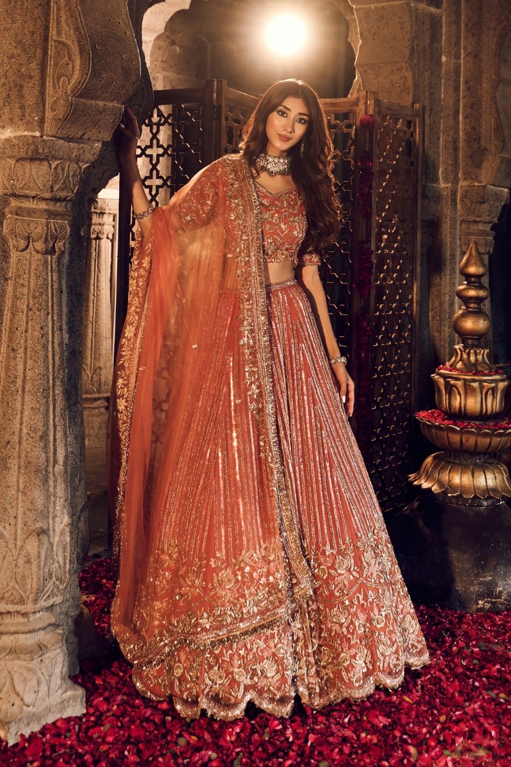 Zeenat Rust Kora Organza Lining Shantoon Bridal Lehenga Set