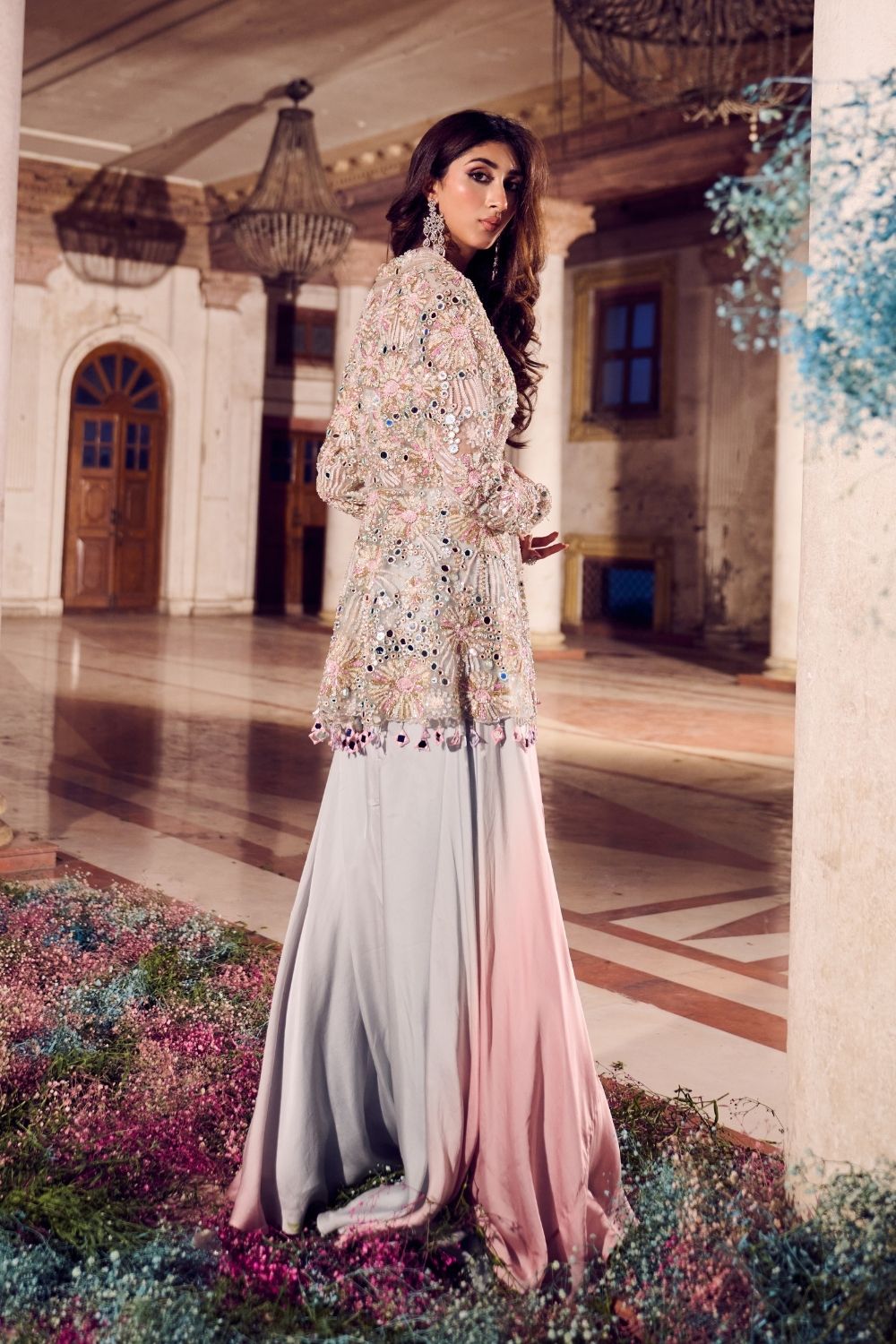 Kohinoor Powder Blue/Rose Gold Satin Organza Mirrorwork Peplum with Flared Pants and bustier