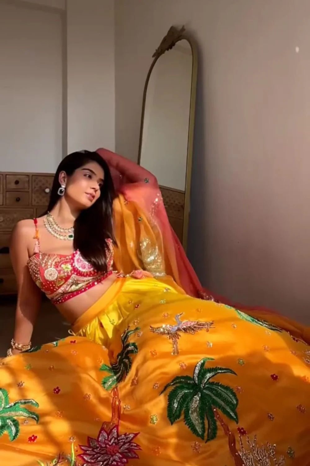 Aditi Yellow Chanderi Embroidered Thread Nature Patchwork Lehenga Set