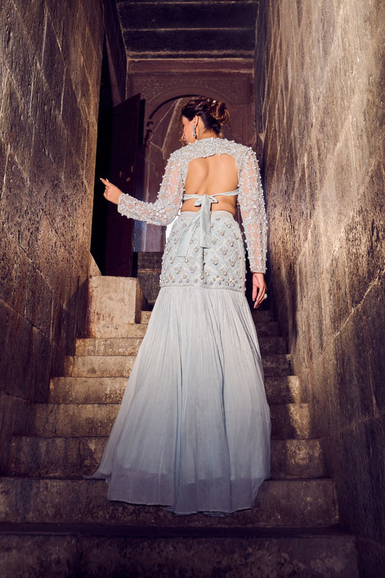 Saphir Powder Blue Embellished Net and Crepe Fish Cut Lehenga and Blouse XL Saphir Powder Blue Embellished Net and Crepe Fish Cut Lehenga and Blouse XL