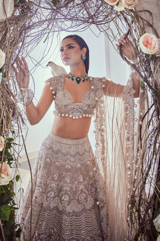 Odette Beige Pearl Embellished Net Bridal Lehenga Set With Sweetheart Neckline