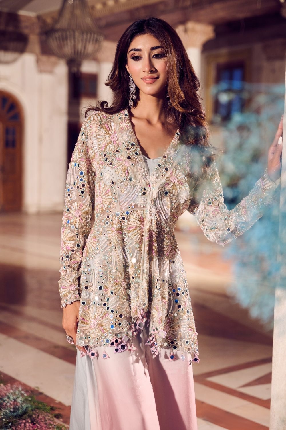 Kohinoor Powder Blue/Rose Gold Satin Organza Mirrorwork Peplum with Flared Pants and bustier