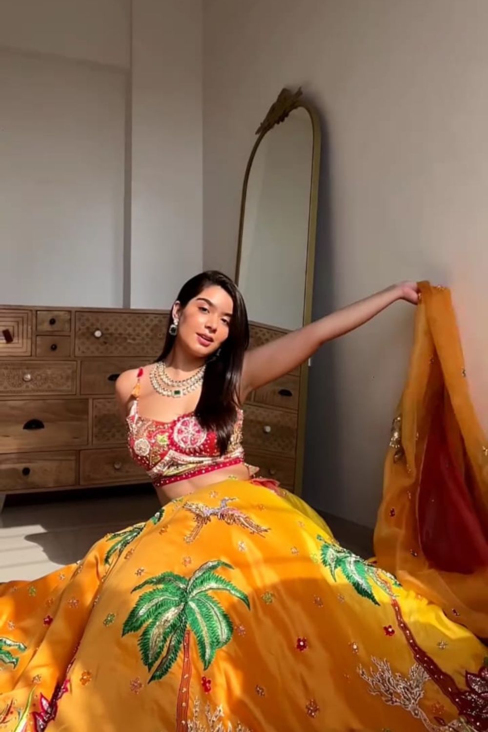 Harshita Roopchandani in Aditi Yellow Chanderi Embroidered Thread Nature Patchwork Lehenga Set