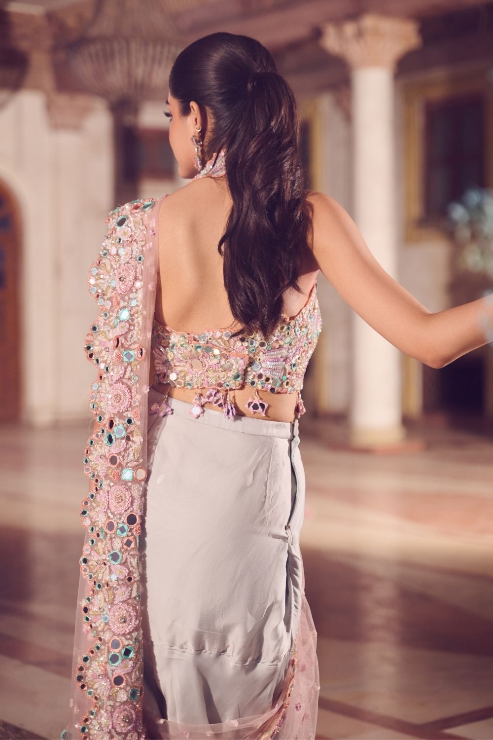 Madhur Rose Gold/Powder Blue Mirrorwork Pre-draped Saree