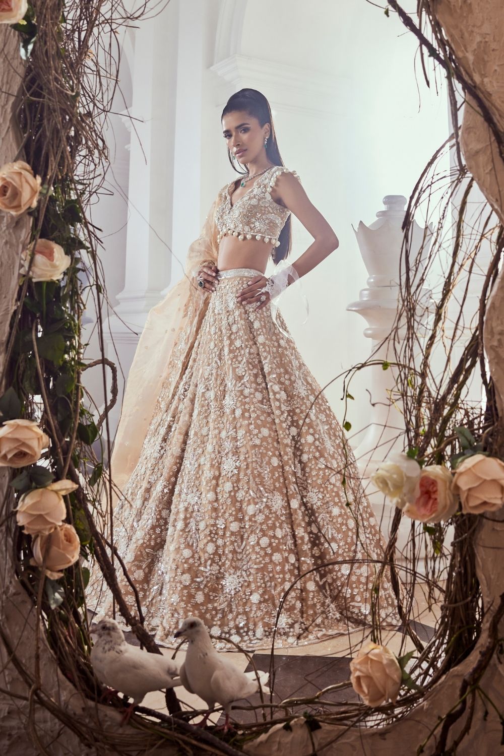 Cecily Golden Pearl Embellished Tissue Bridal Lehenga Set with Sweetheart Neckline