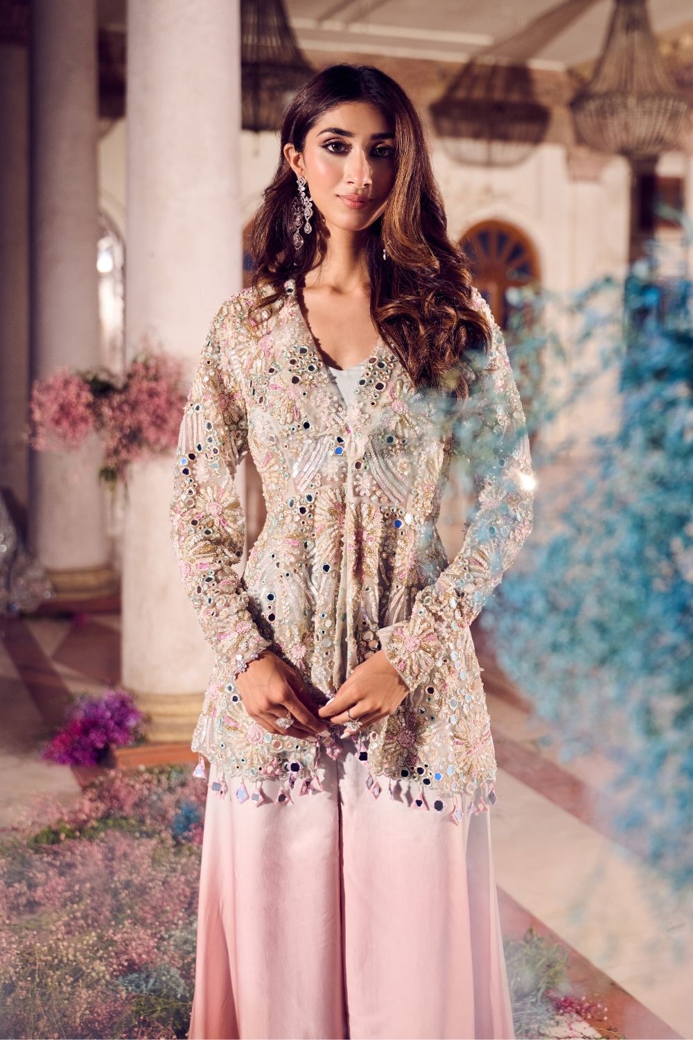 Kohinoor Powder Blue/Rose Gold Satin Organza Mirrorwork Peplum with Flared Pants and bustier