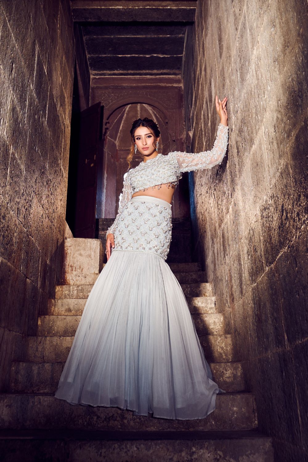 Saphir Powder Blue Embellished Net and Crepe Fish Cut Lehenga and Blouse