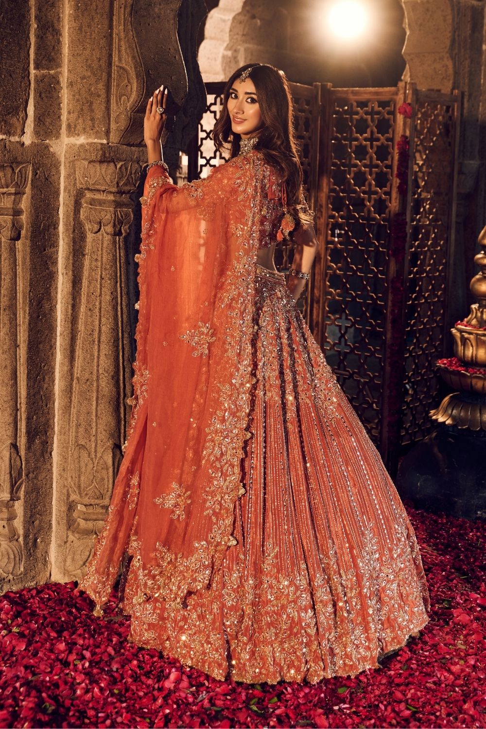 Ruqaiya Rust Crepe Kora Organza Lining Shantoon Bridal Lehenga Set