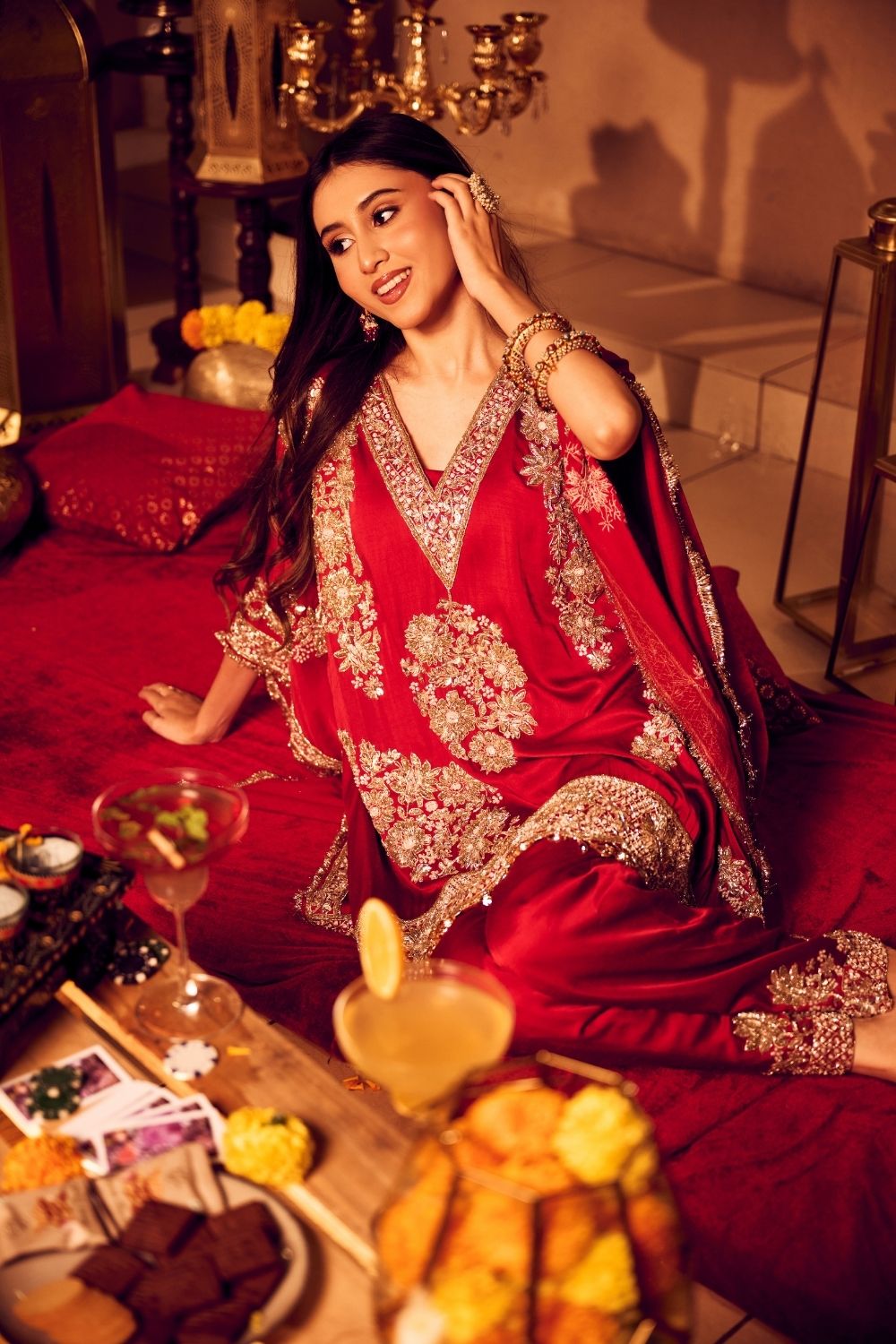 Seher Mahroon Satin Silk Lining Shantoon Gullistta Bloom Kaftan With Pants