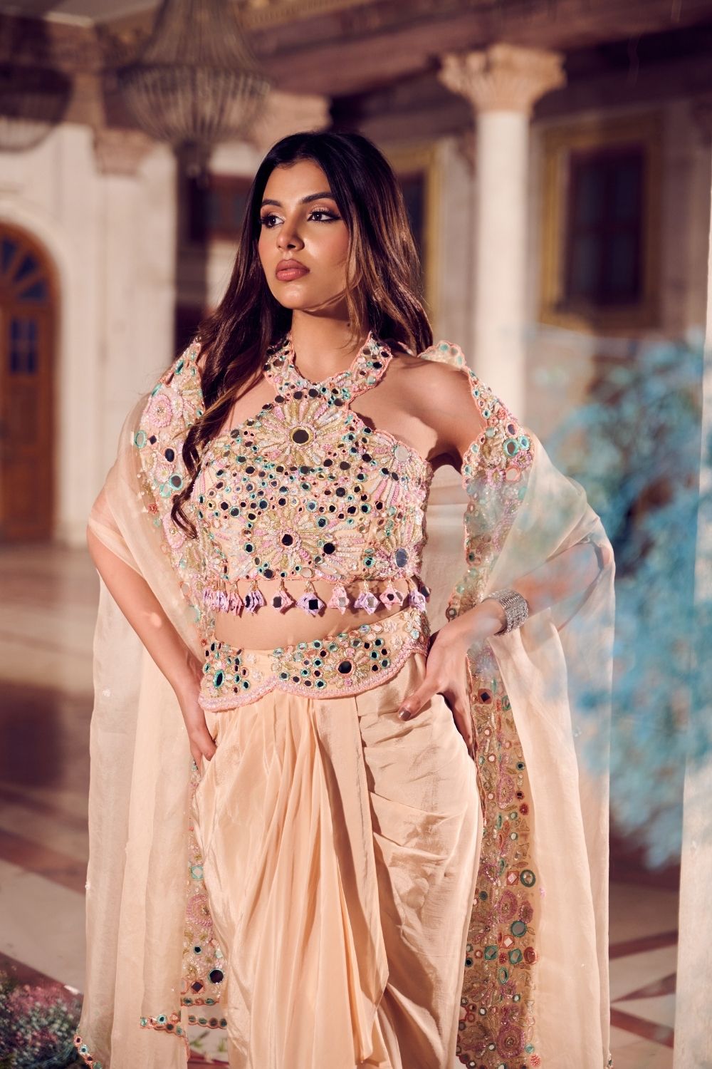 Sahiba Cream Mirrorwork Drape Skirt with Bustier and Cape