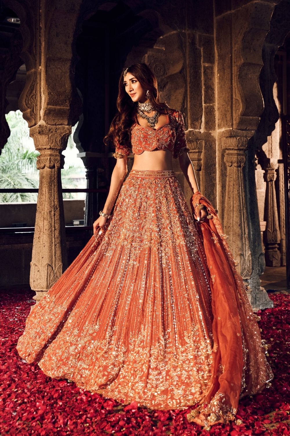 Ruqaiya Rust Crepe Kora Organza Lining Shantoon Bridal Lehenga Set