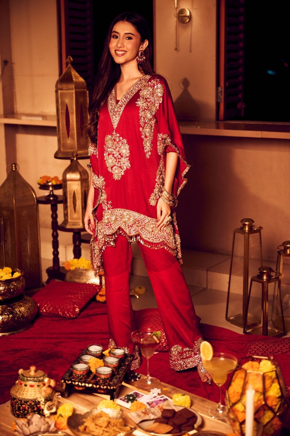 Seher Mahroon Satin Silk Lining Shantoon Gullistta Bloom Kaftan With Pants