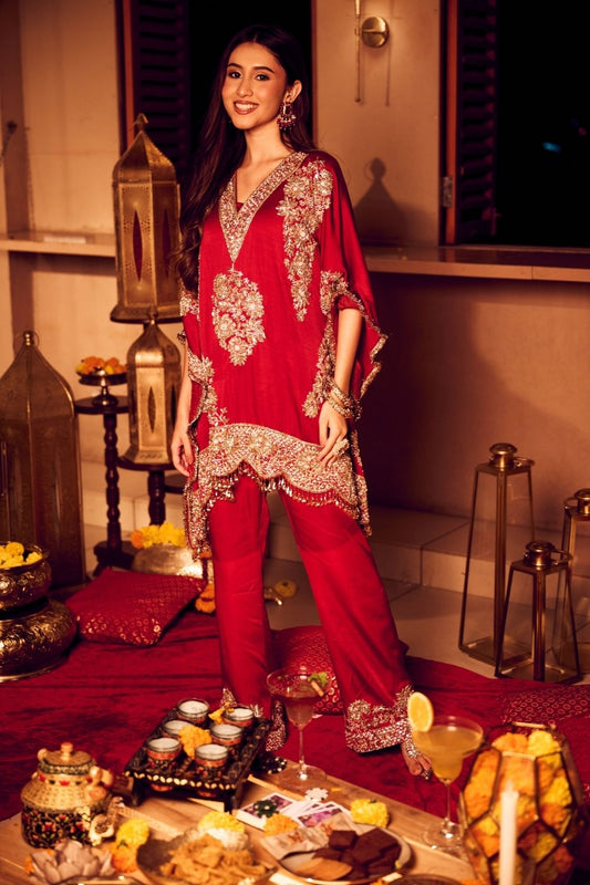 Seher Mahroon Satin Silk Lining Shantoon Gullistta Bloom Kaftan With Pants