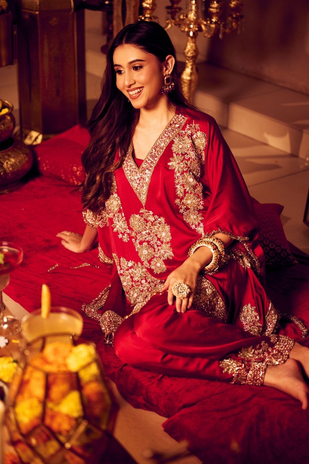 Seher Mahroon Satin Silk Lining Shantoon Gullistta Bloom Kaftan With Pants