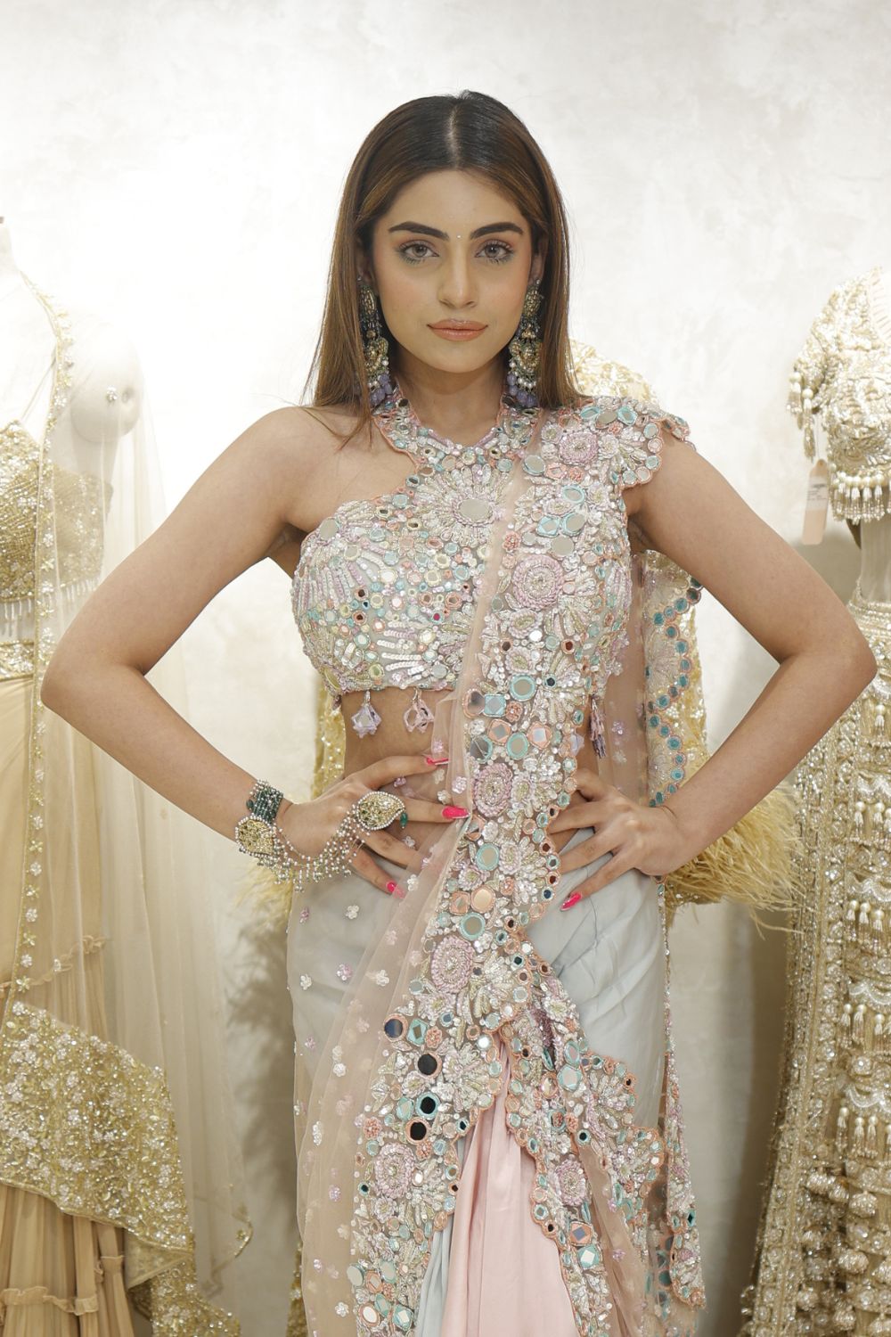 Yana Bhasin in Madhur Rose Gold/Powder Blue Mirrorwork Pre-draped Saree