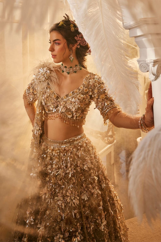 Hestia Gold Embellished Net Lehenga and Blouse with Dupatta