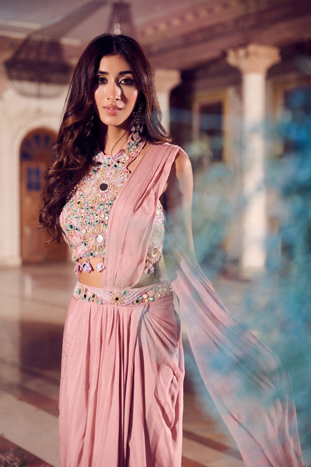 Rosa Rose Gold Mirrorwork Draped Skirt with Bustier