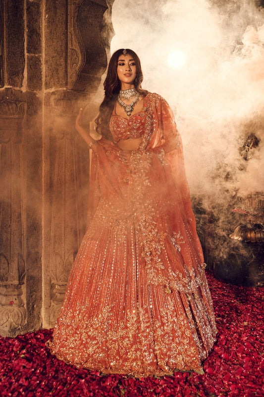 Ruqaiya Rust Crepe Kora Organza Lining Shantoon Bridal Lehenga Set