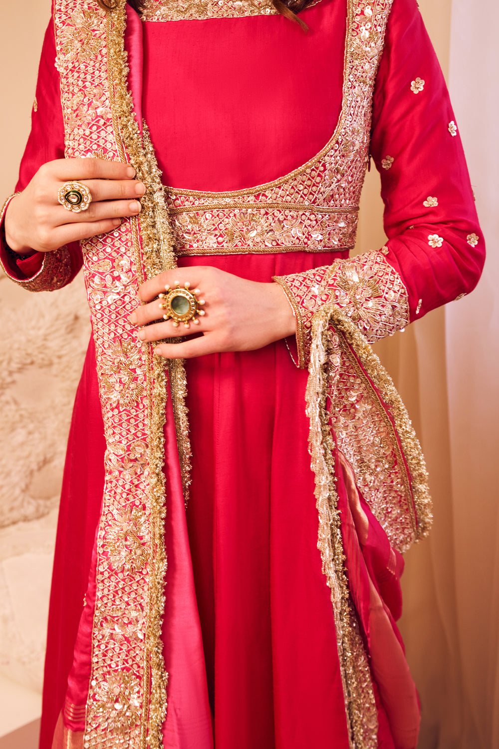 Meherbaan Pink Satin Silk Lining Shantoon Embroidery Ditsy Flora Anarkali Set