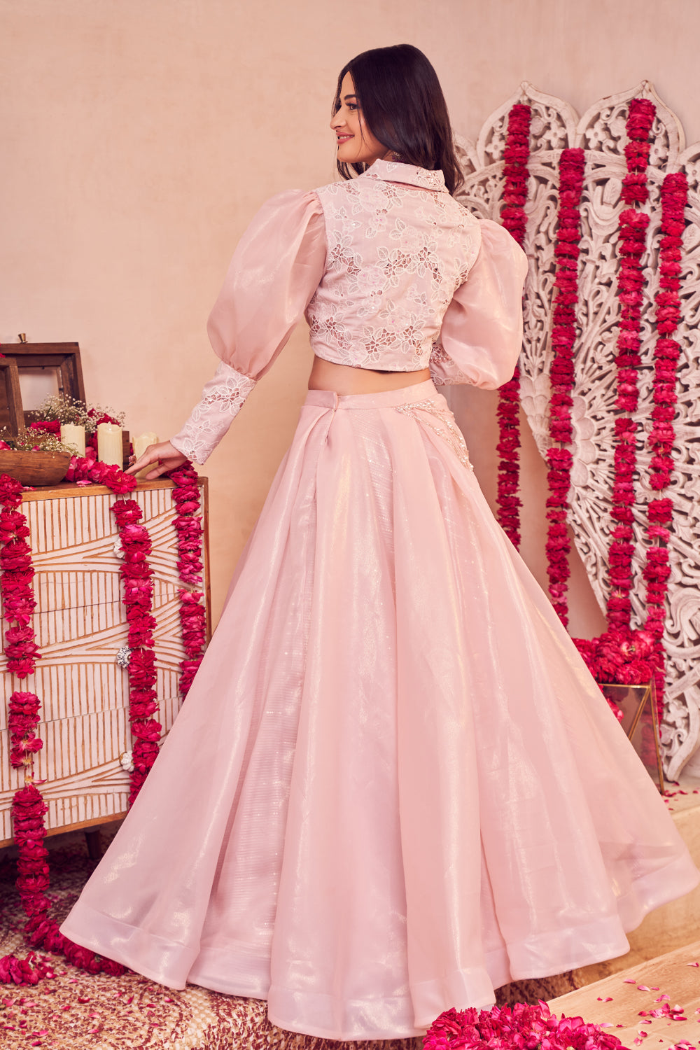 Baby Bloom Lehenga Pink Glass Organza Puff Sleeve Blouse with Lehenga