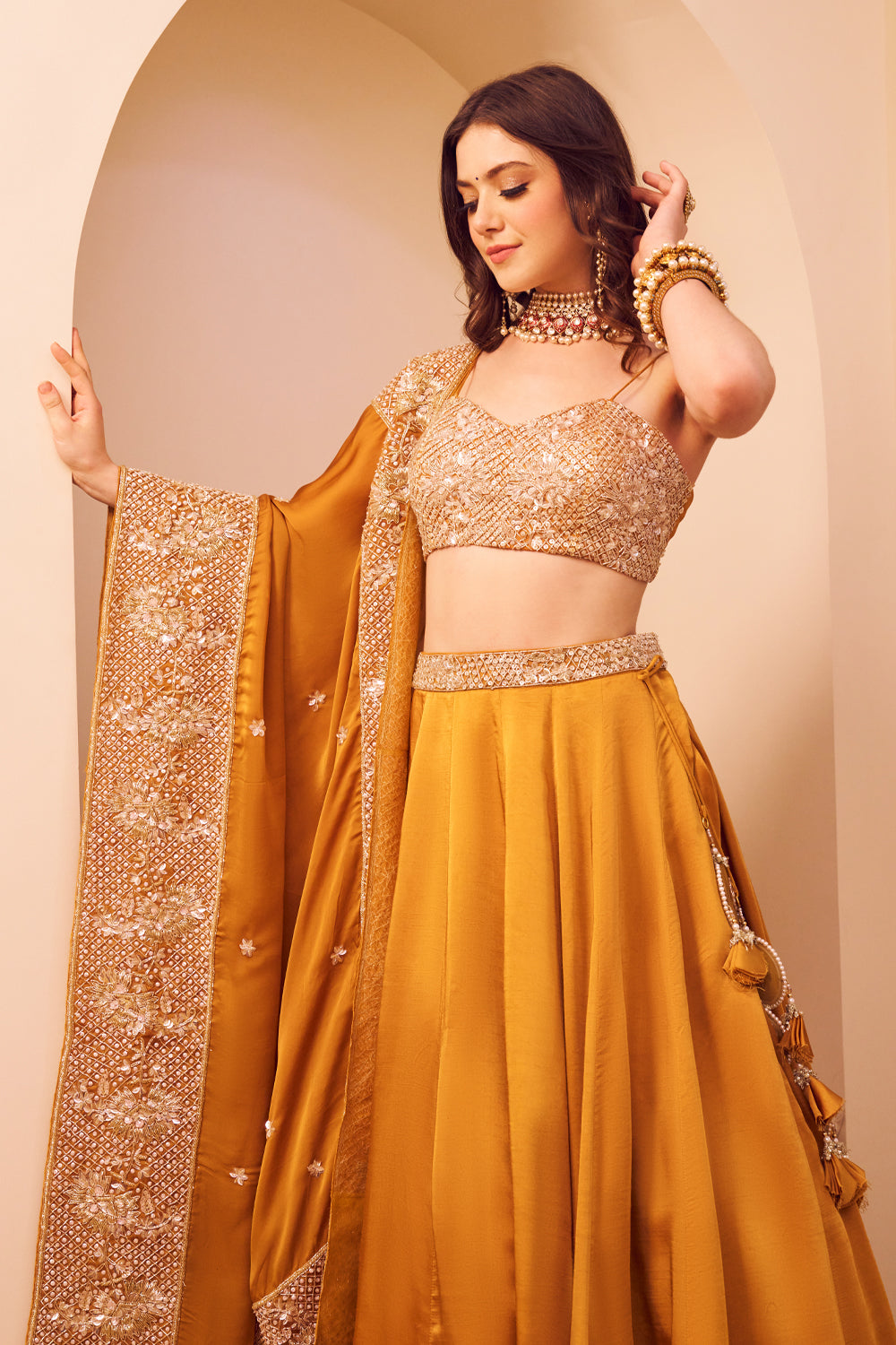 Aashiyaan Mustard Satin Silk Lining Shantoon Gul Jaal Waistband Lehenga Set
