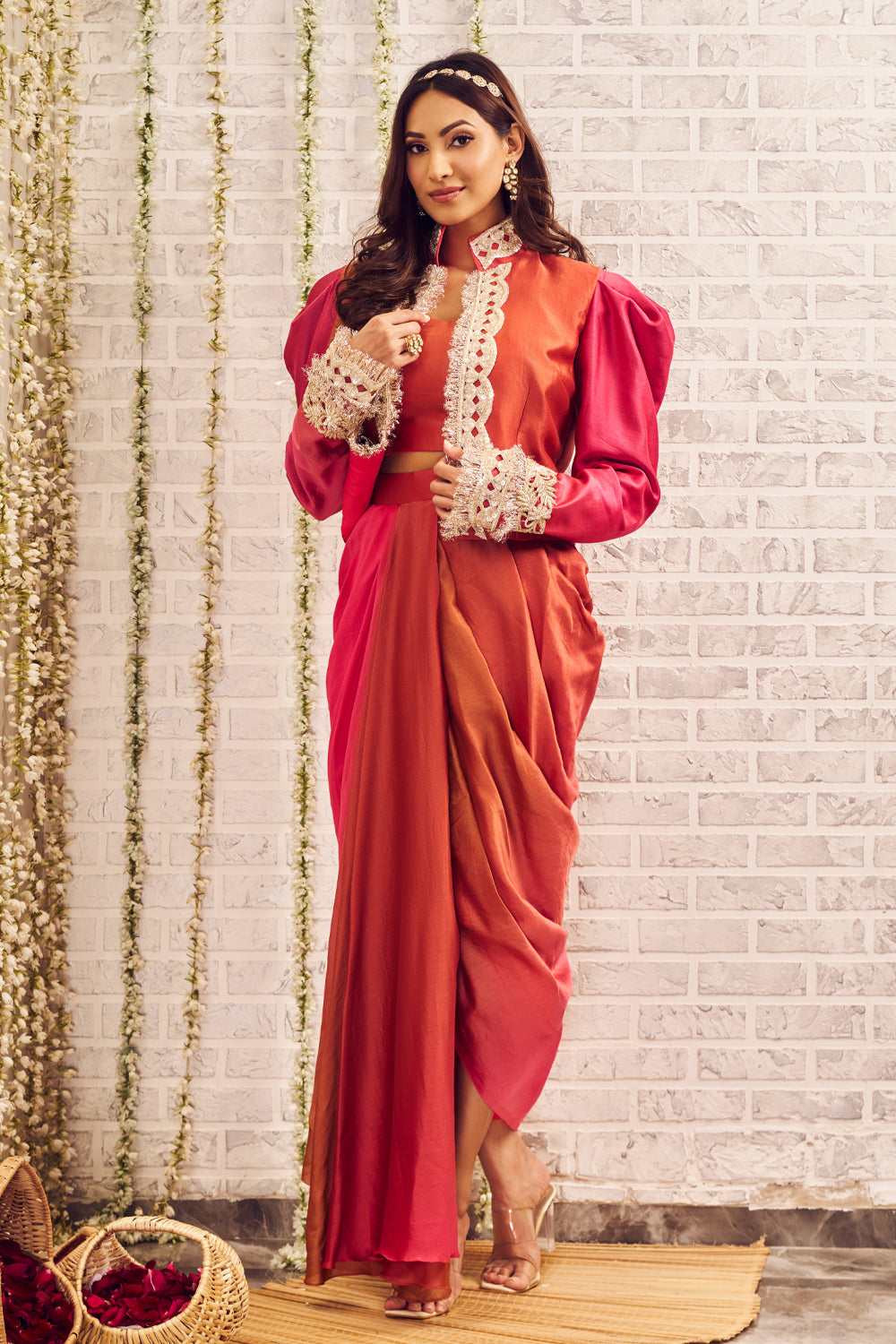 Shagna Raabta Orange Pink Chanderi Dhoti Skirt and Bustier with Jacket