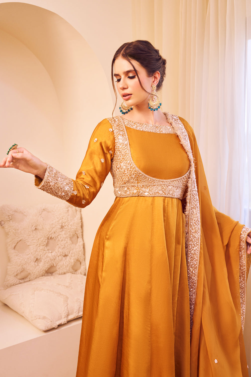 Meherbaan Yellow Satin Silk Lining Shantoon Ditsy Blossom Anarkali Set