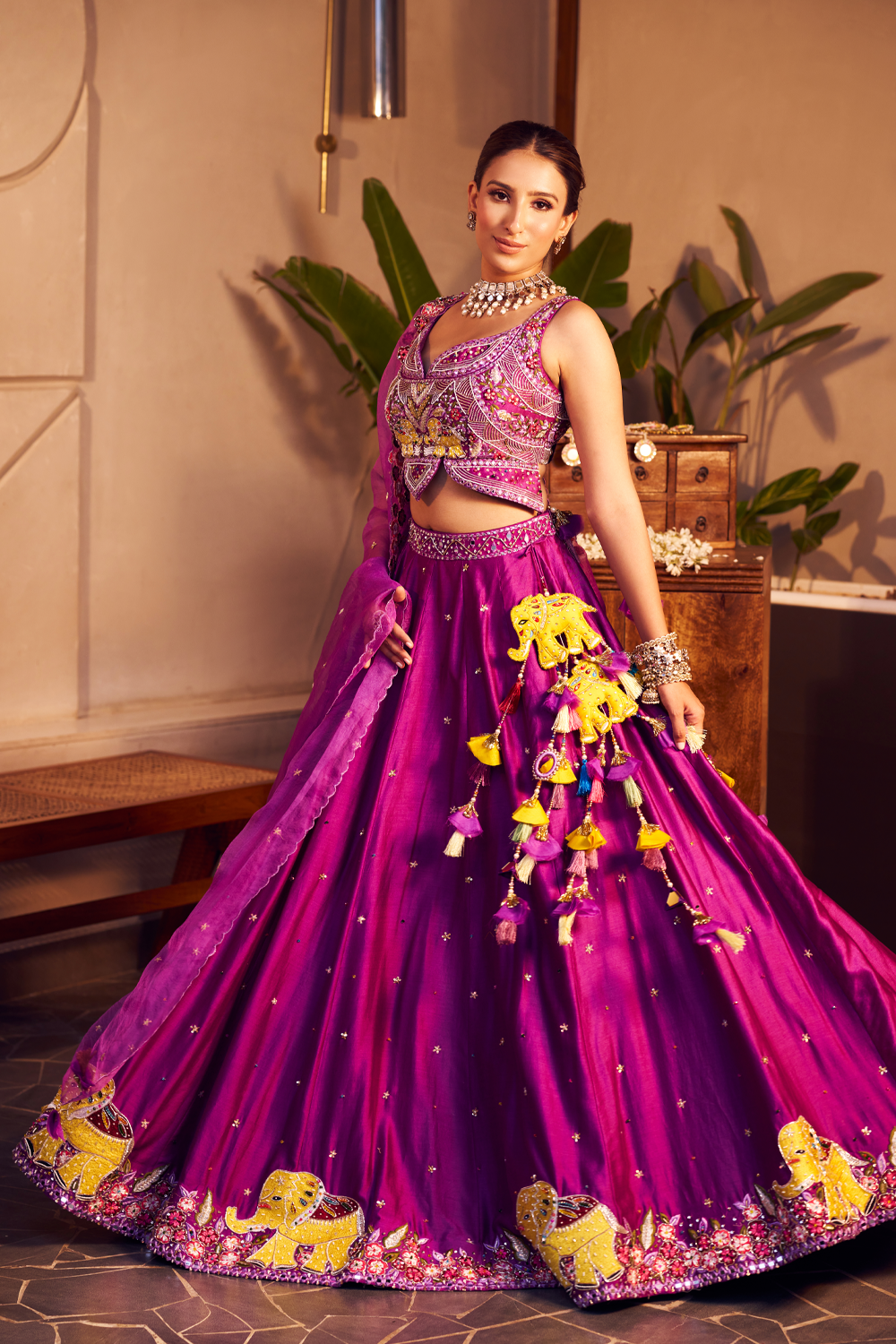 Aishwarya Purple Chanderi Embroidered Thread Elephant Patchwork Lehenga Set