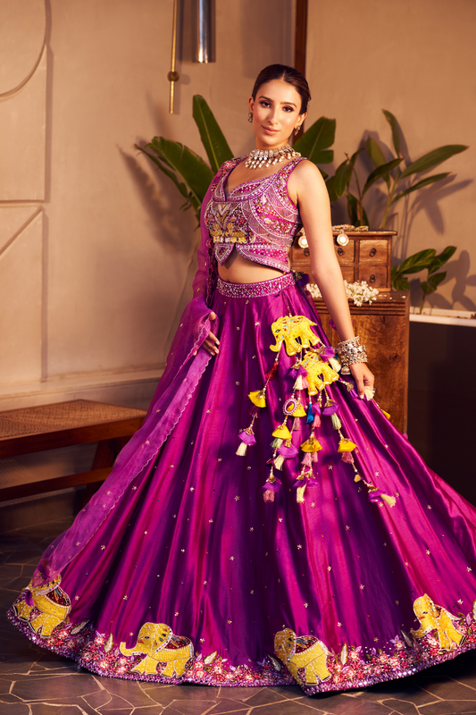 Aishwarya Purple Chanderi Embroidered Thread Elephant Patchwork Lehenga Set