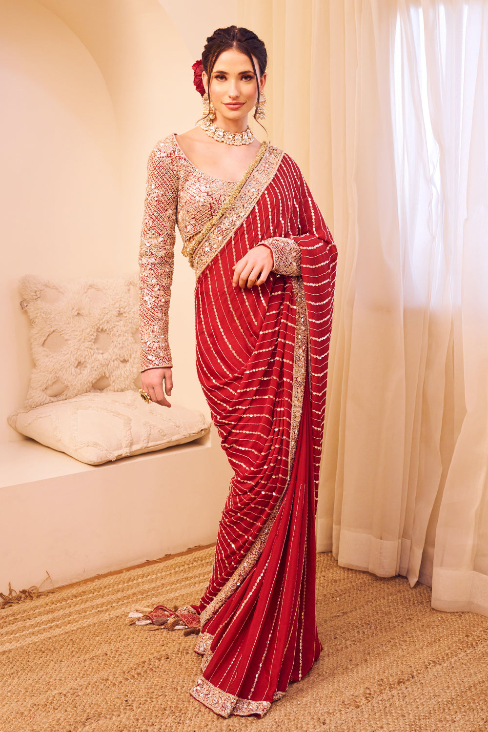 Riyaaz Maroon Organza Lining Shantoon Gullista Bahar Border Saree With Blouse