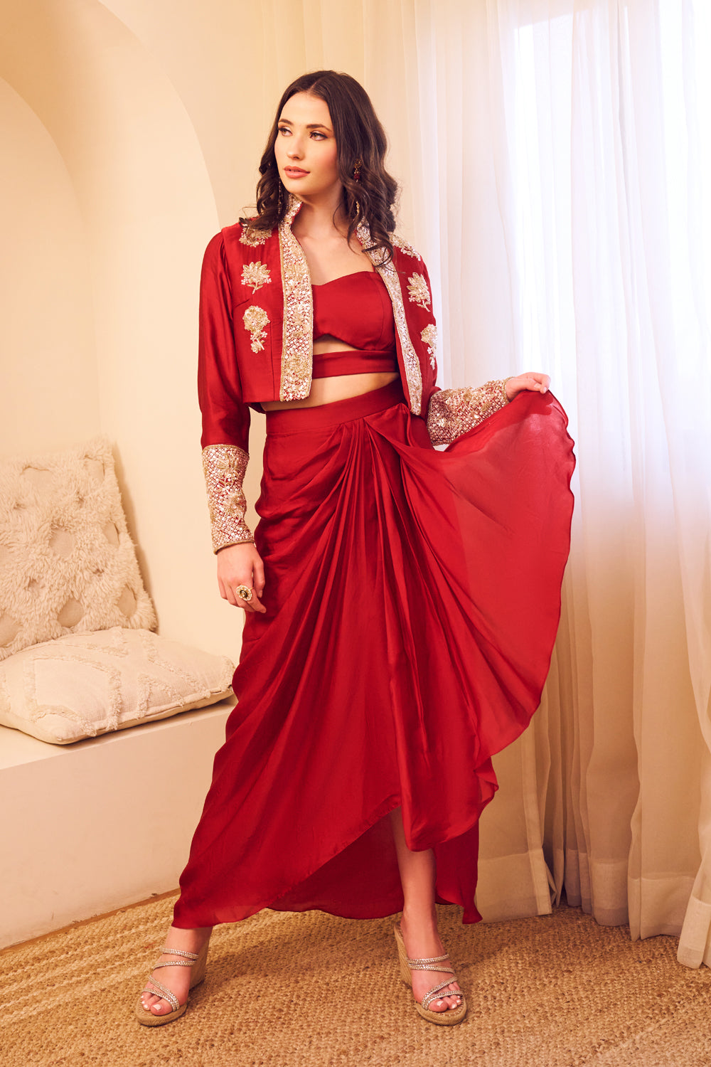 Chaand Maroon Satin Silk Lining Shantoon Padma Jacket Draped Dhoti Skirt Set