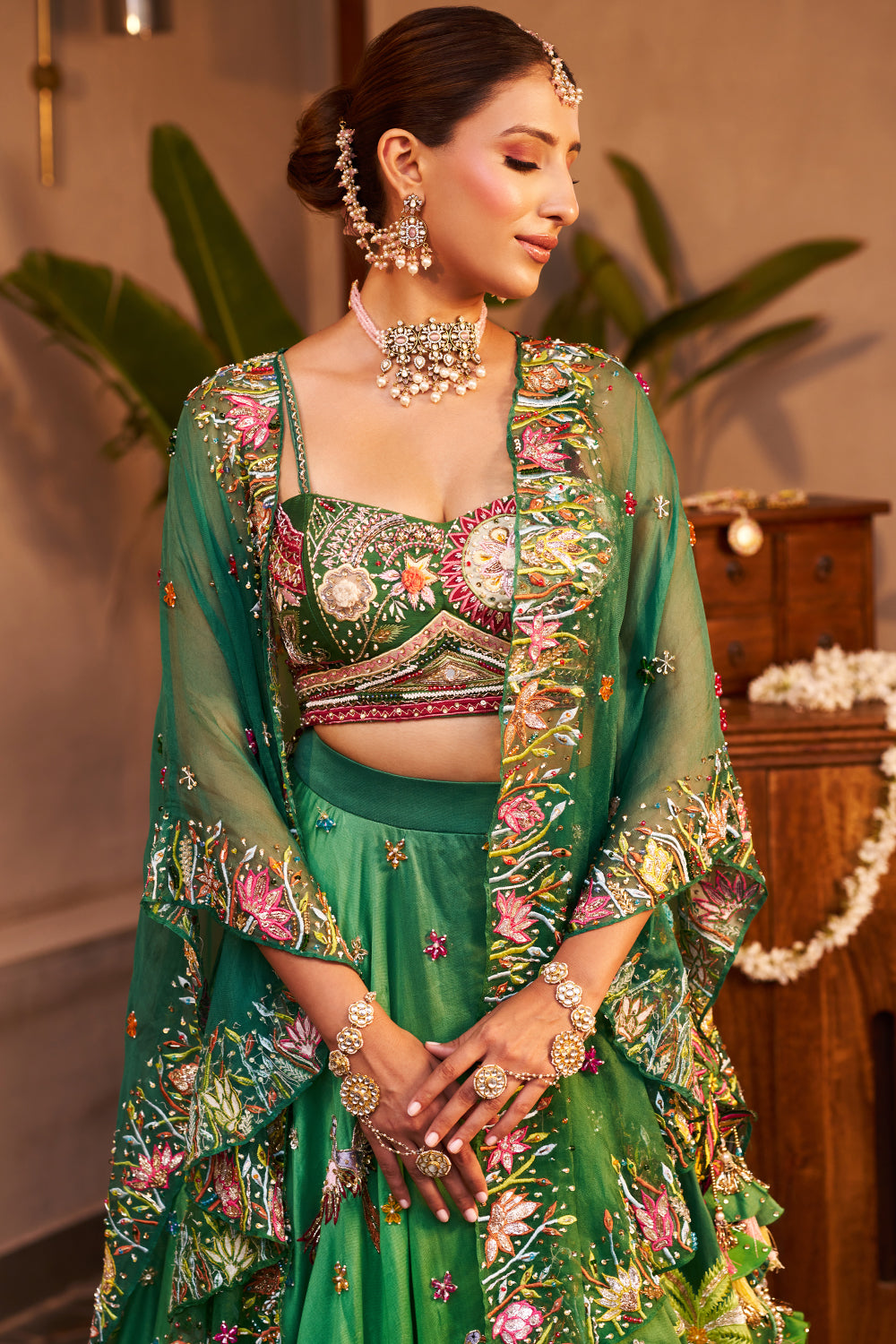 Urvashi Green Kora Organza Embellished & Embroidered Lehenga Set