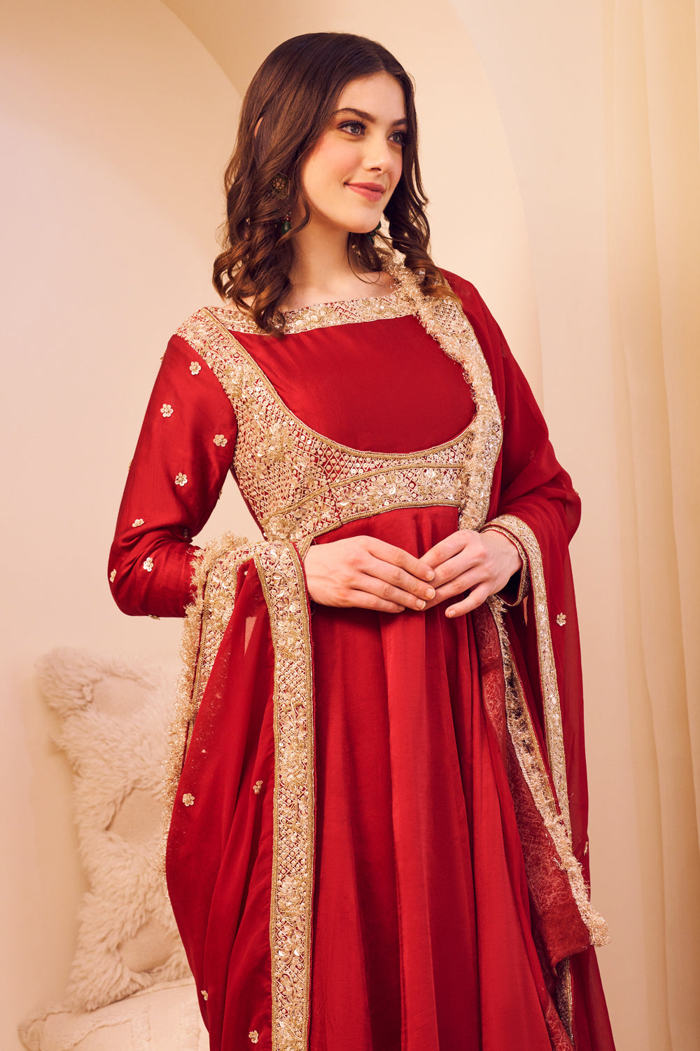 Meherbaan Maroon Satin Silk Lining Shantoon Ditsy Bloom Anarkali Set